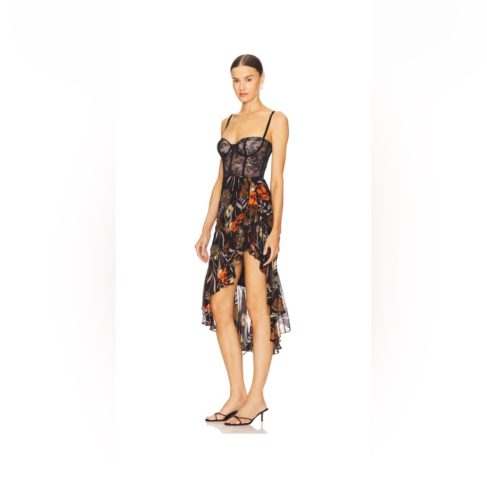 Katie May Black Floral High-Low Dress with Orange Accents
